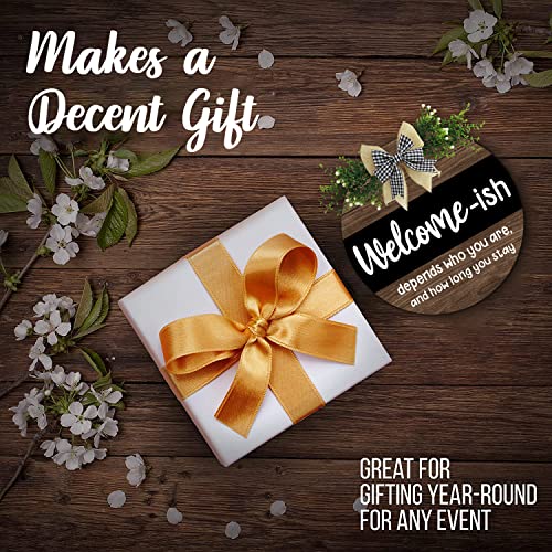 Welcome Sign Welcome-Ish Front Door Sign Funny Wreath Hanging Wooden Plaque Decorative Round Rustic Wood Farmhouse Porch Decor For Home Front Door Decor, Vintage Style Silver #TOP5