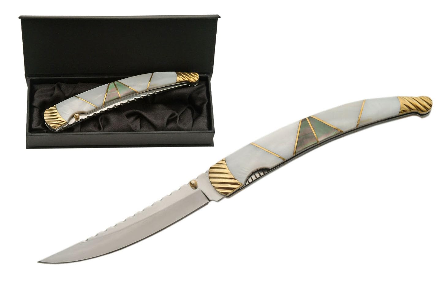 SZCO Luxury 4.75" Folding Pocket Knife for Men – Collectible EDC Folding Knife with Stainless Steel Blade, Mother of Pearl & Abalone Handle, Brass Bolster & Gift Box
