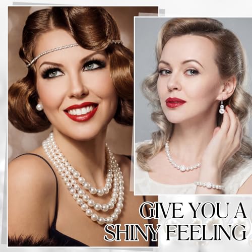 Image of Glenmal Pearl Rhinestone Jewelry Set for Women Pearl Necklace Bracelet Earrings for Wedding Halloween Bridal Shower Tea Party