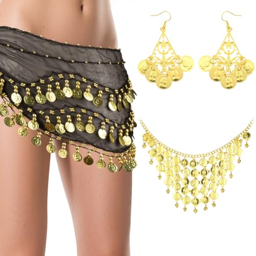 Alaoo Cinturón Danza del Vientre Mujer, 3PCS Bufanda para Danza del Vientre Con Collar y Pendientes 128 Monedas Lentejuelas Brillantes, Envolvente de Falda de Danza del Vientre para Representaciones