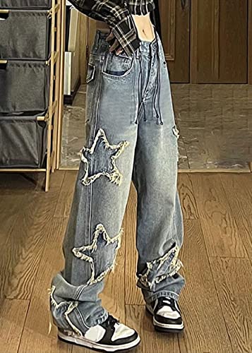 Women's Blue Patch Jeans Hiking Pants Washed Denim Pants Cute Clothes Relaxed Jeans2