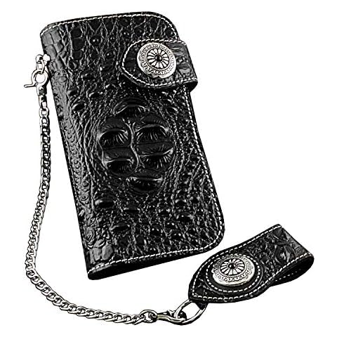 Men's Biker Wallet Thick Genuine Leather Wallet Hand Purse with Pants Chain Cover