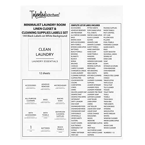 144 Pieces Minimalistic Laundry Room Labels for Containers, Preprinted Black on White Stickers for Home Organization Jars and Spray Bottles