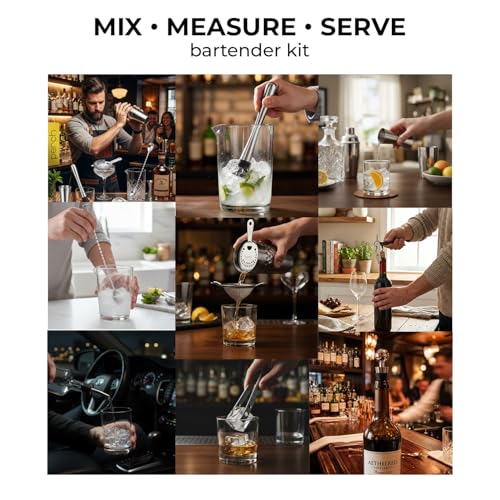Image of O' Holic by Perch Craft 10-Piece Stainless Steel Bartender Kit|Premium Cocktail Shaker Set with Jigger 30 /60ml, Spoon,Pourer,Ice Tong, & Bar Tools|Professional Bar Set for Home &Tour Parties|Silver