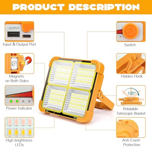 Image of CBK USB & Solar Rechargeable LED Flood Light - 336 LED's Portable & IP66 Waterproof Outdoor Light for Garden, Camping, Garage, and Emergency Use