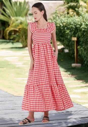 Image of chouyatou Women's Retro Plaid Smocked Dress Spaghetti Strap Flounce Long Dress