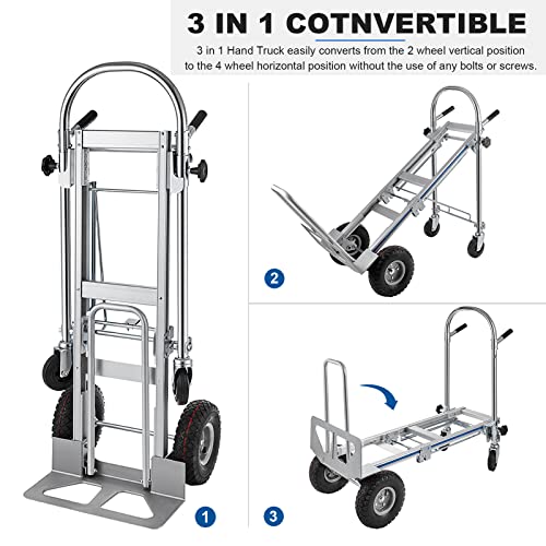 Topdeep 3In1 Aluminum Hand Truck,Convertible Hand Truck Dolly Large Size 1000 Lb Capacity, Utility Cart Converts From Hand Truck To Platform Cart With 10" Hi Tech Rubber Wheels #TOP2
