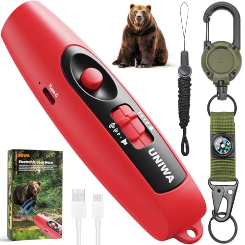 UNIWA Electronic Air Bear Horn 1205 dB Loud Air Horn for Safety Hiking Camping Emergency Whistle with Compass & Retractable Hook Bear Horn to Scare Bears - Self Defense for Hiking -Red