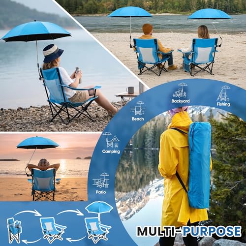 Image of HaSteeL Low Beach Chair Set of 2, Foldable Blue Camping Chair with Adjustable Umbrella Set for Adults, Lightweight Portable Lawn Chairs for Fishing, Picnic, Outdoor BBQ, Travel, Sports