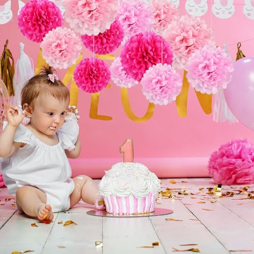Image of 18 PCS Tissue Paper Pom Poms, Tissue Pom Poms Flowers, Sizes of 6 inch, 10 inch, 12 inch, 14 inch Hanging Paper Flower Ball for Wedding, Birthday, Gender Reveal, Baby Shower Valentine's Day Party Decor (Pink Set)