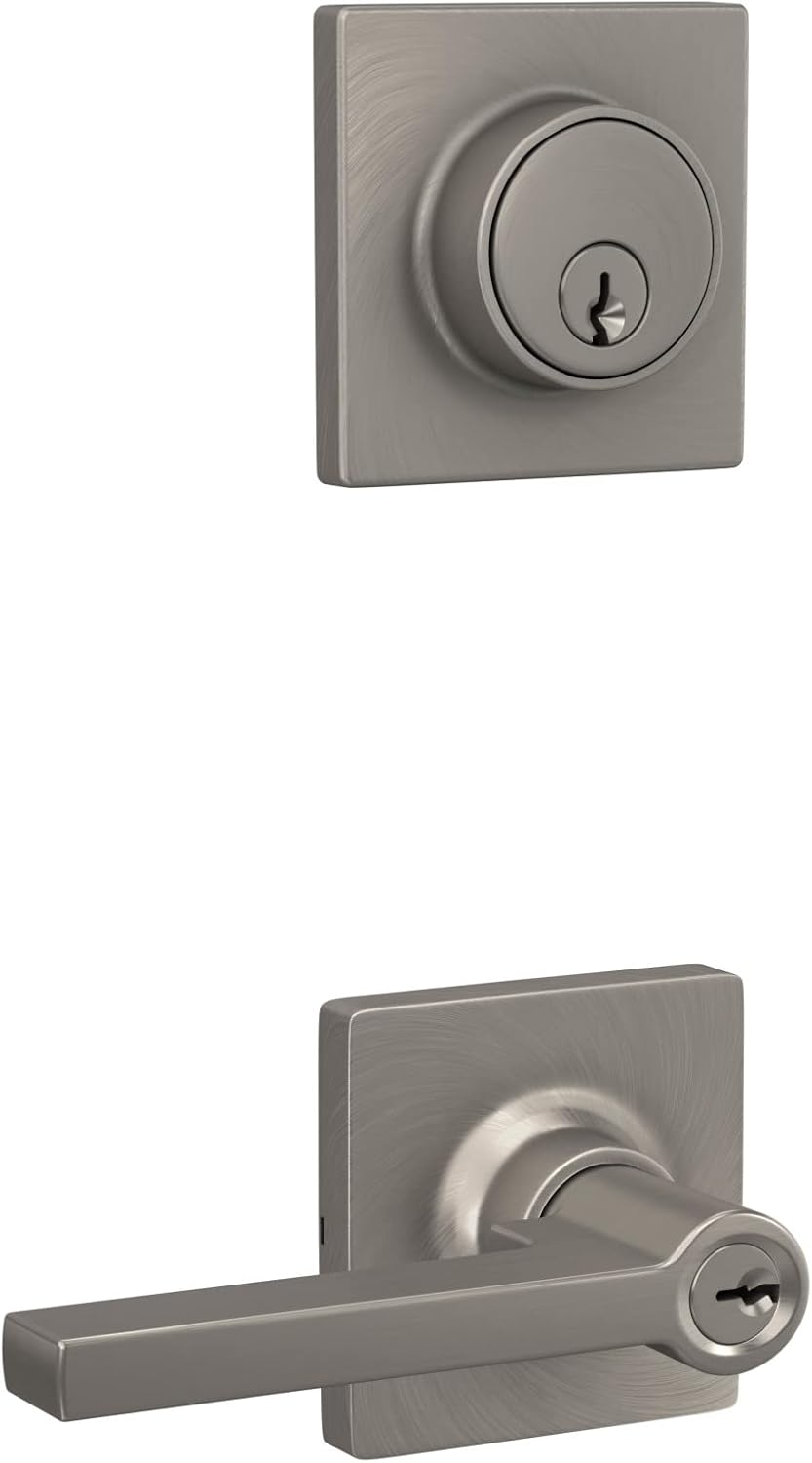 Lock Scout Straight Lever with Square Trim Keyed Entry Door Handle and Single Cylinder Deadbolt, Satin Nickel Finish