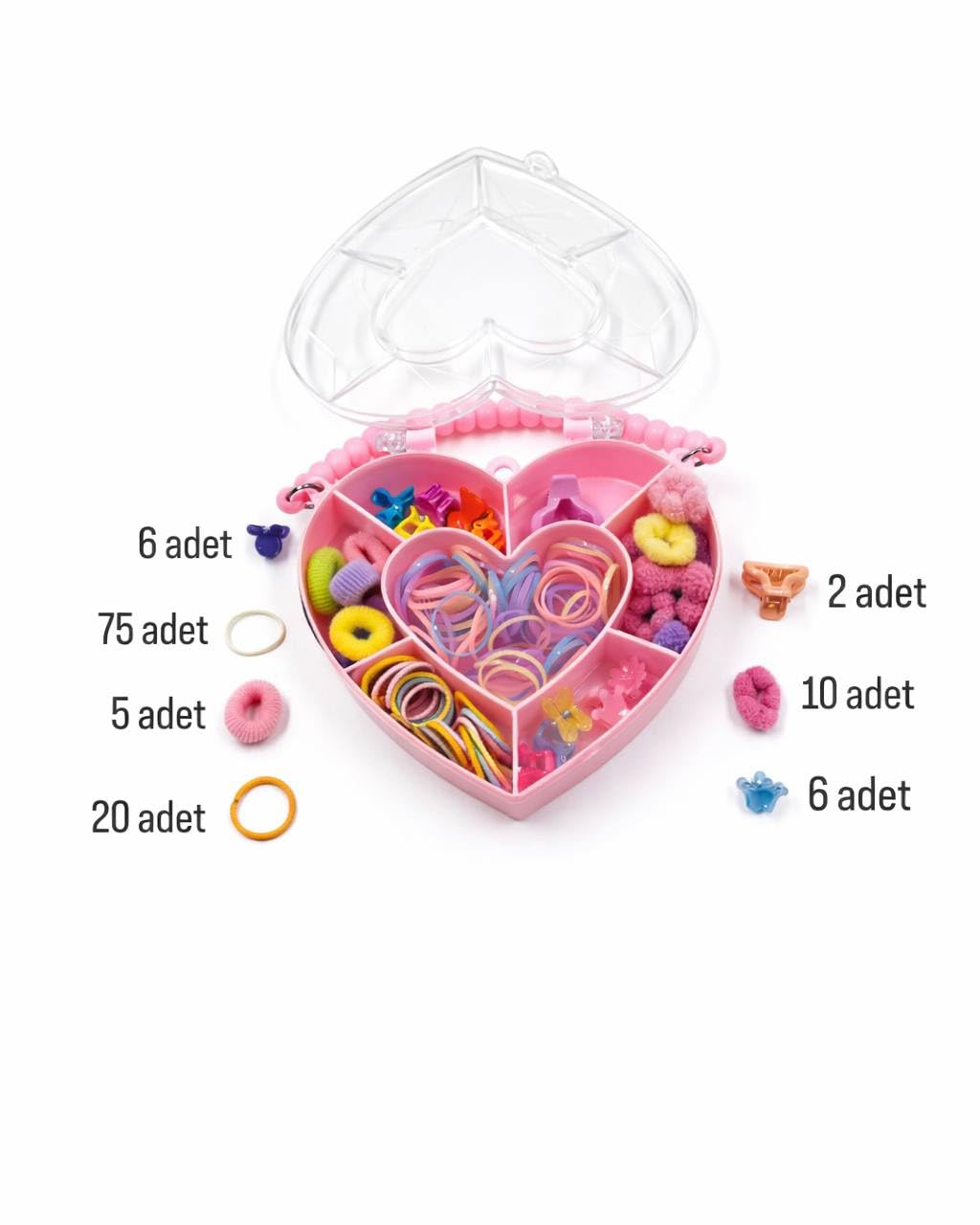 Kız Çocukları için Kalp Şeklinde Saç Aksesuarları Seti, Renkli Lastikler, Tokalar ve Klipsler, Pembe Organizer Kutu