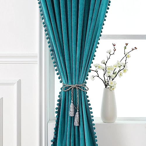 Image of Amazon Brand - Umi Velvet Eyelet Door Curtains with pom pom Lace for Living Room Bedroom Kitchen 2 pc Pack in Deep Teal Color (Door - 4 feet x 7 feet) | Solid