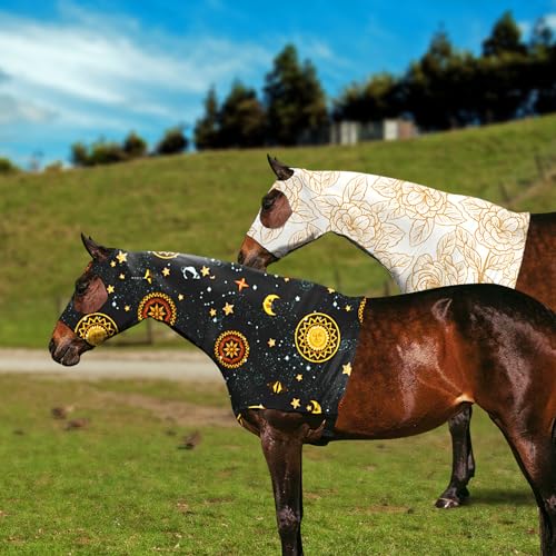 Image of Horse Slicker Hood with Zipper of 2 Set: Snug Fit, No-Ears Design, and Extra Large Eye Holes for Face, Shoulders, Mane, Chest, and Withers - Perfect for Show-L(Orange+Flower)