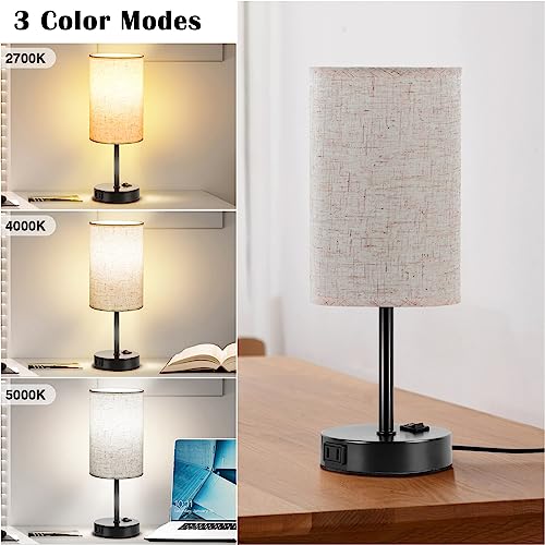 Zjojo SIMPLE ROUND-BLACK Table Lamp For Bedroom Set Of 2, Bedside Small Lamps With 3 Way Dimmable Rocker Switch And Ac Outlet, Nightstand Desk Lamp With Flaxen Fabric Shade Black Base thumb #2