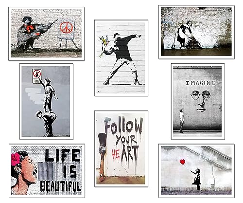 Set 8 Láminas A4 Decorativas Pared para Cuadros Decoración Salón Modernos, Dormitorios, Habitación, SIN Marco, Banksy, (29,7 x 21 cm)