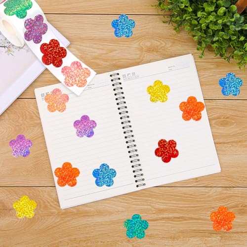 Image of 500Pcs Spring Vinyl Floral Stickers Roll 1in Glitter Stickers 8 Colors Flower Label Tag Self-Adhesive Classroom Reward Waterproof Decals for Envelope Bottle Birthday Party Decor