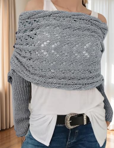 Womens Knitted Cable Wrap Shrug Sweater with Sleeves Crochet Shawl Scarf Cardigan Sweaters for Women Lightweight Wrap
