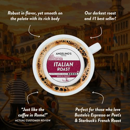 Image of Angelino's Coffee Italian Roast Coffee Pods, 24 Count - Extra Dark Roast Single Serve K Cup Compatible for Keurig - Smoky, Bold & Rich with Dark Chocolate Notes and Caramelized Finish