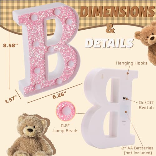 Image of LED Letter Lights Pink Glitter Marquee Letters Light Up Alphabet Letters Sign Battery Powered for Home Party Decoration Night Bar Wedding Birthday Christmas Lamp Girls Gift - Letter B