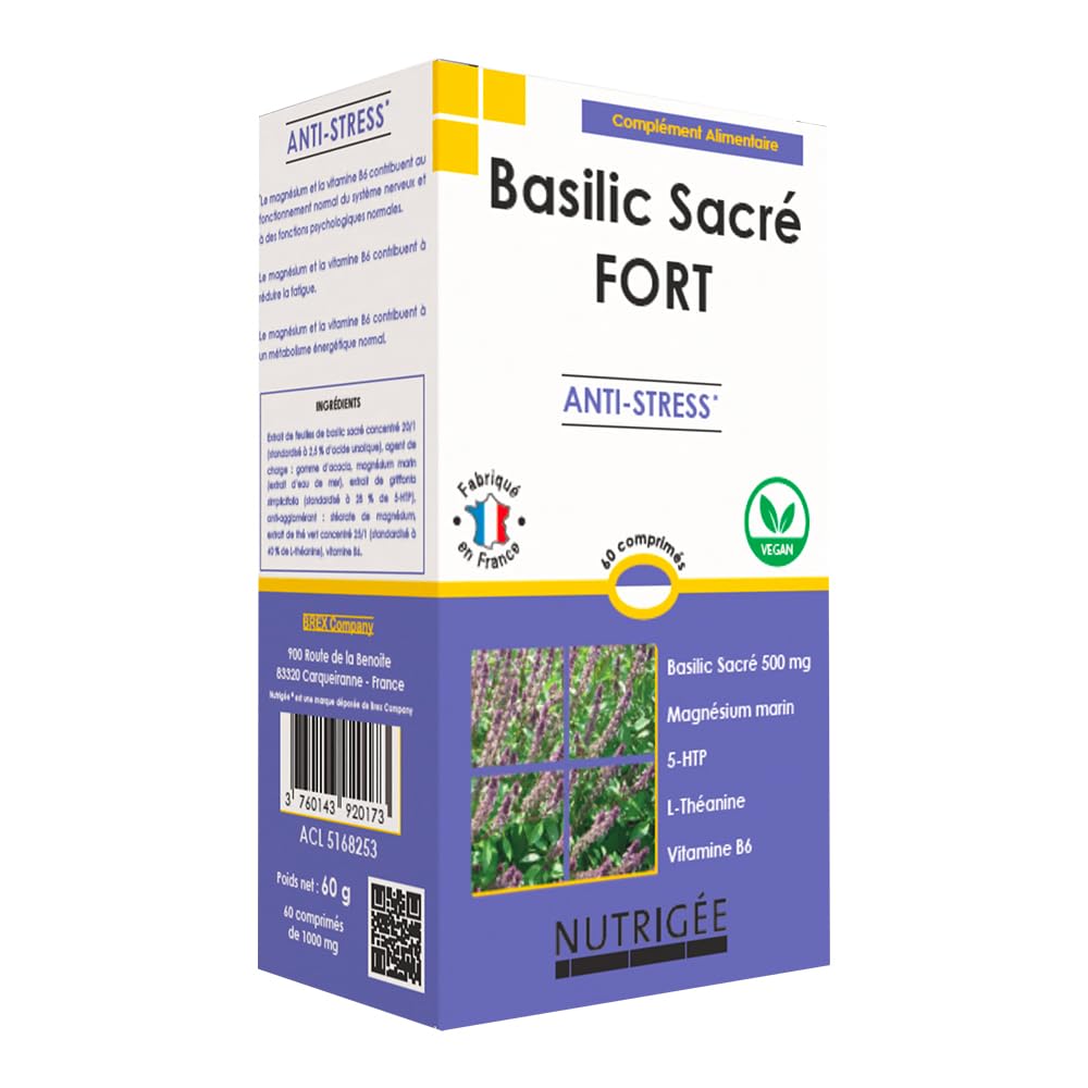 NUTRIGÉE - Basilic Sacré Fort - Équilibre - Anti-Stress - Bien-Être - Régule L'Humeur, Agit Contre Le Stress, Réduit La Fatigue - 2 Prises/Jour - 60 Comprimés - Programme 30 Jours - Fabriqué en France