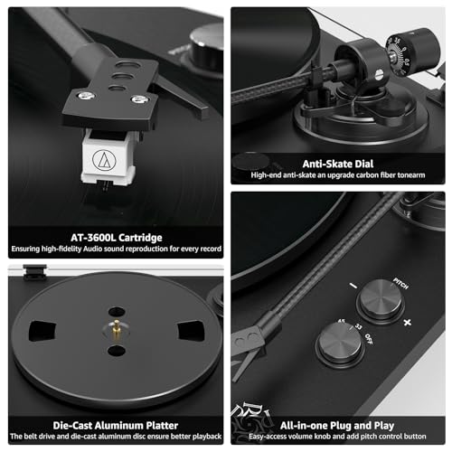 Image of Record Player Wireless Output Turntable Carbon Fiber Tonearm Vinyl Player Aluminium Platter Belt-Drive LP Turn Tables 2 Speed RPM Phono RCA Line Output AT-3600L MM Cartridge Audio Sound Pure Black