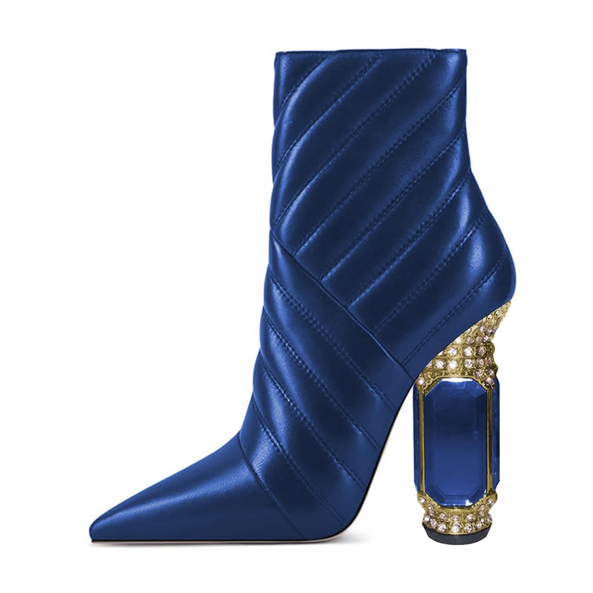 FSJ Women Sparkly Crystal Block High Heel Pointed Toe Ankle Boot Side Zipper Wedding Party Banquet Dress Shoes Size 4-15 US