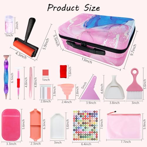 Image of Muzagroo Art Diamond Painting Storage Case 120 Slots Bead Portable Shockproof Organizer and Accessory Box with 5D Diamond Art Accessories and Tools Kits L (Pink-Deluxe Set)