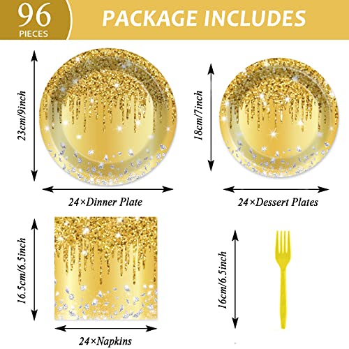 Image of 96 PCS Golden Birthday Party Decorations Tableware Set for Golden Themed Happy Birthday Supplies Diamond Gold Plates Napkins Forks for 24 Guests Men Women Anniversary Engagement Wedding Party Favors