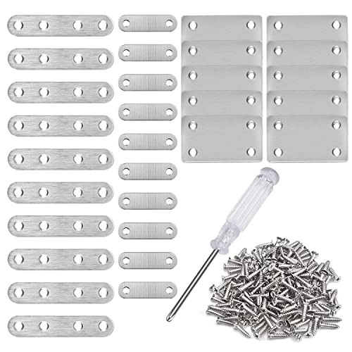 31pcs Pletinas Metalicas Planas Pletina de Acero Inoxidable 3 Modelos Depletina Perforada con Cruz Destornillador 120 Tornillos Placa Union para Reparar y Fijar Muebles de Madera