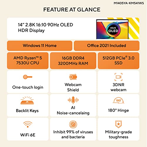 Image of ASUS Vivobook 14 OLED (2023), AMD Ryzen 5 7530U, 14 inch (35.56 cm) 2.8K OLED 90Hz, Thin & Light Laptop (16GB /512GB SSD /Windows 11 /Office 2021 /Alexa /Backlit KB /FP Sensor /Black /1.60 kg), M1405YA-KM541WS