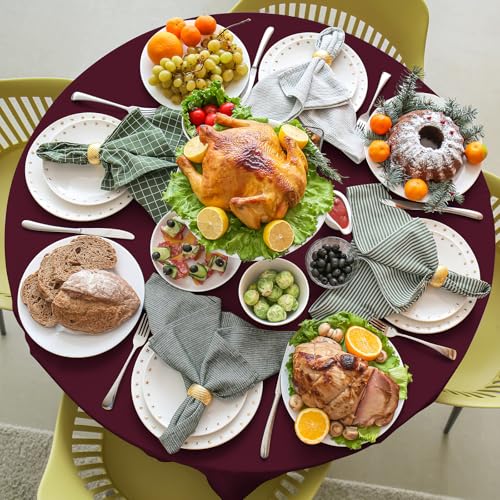 Image of 16 Pack Maroon Plastic Tablecloth for Round Tables, Premium Decorative Burgundy Disposable Table Cloths for Parties, Maroon Round Party Table Cover for Birthday Anniversary Graduation, 84 Inch