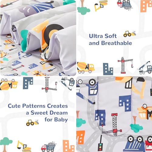 Image of lasoftan Construction Toddler Bedding Set for Boys, 4 Piece Bed-in-a-Bag Toddler Comforter Sets, Excavator, Cars Printed, Super Soft and Comfortable Microfiber Todeeler Bed Set