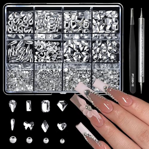 Cycullinyt 1660Pcs Silver Nail Art Rhinestones: 8 Types of Multi Shapes Diamonds + 4 Sizes Flatback DIY Crafts Rhinestone Crystals 3D Glass Stones Set + Tweezer + Pickup Pen