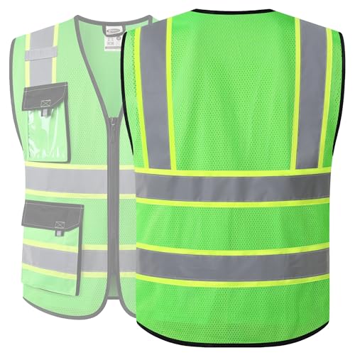 Image of JKSafety Hi Vis Reflective Safety Vests for Men Women High Visibility Vest with Pockets Mesh Fabric Construction Safety Apparel Neon Vest for Work (220-Green XL)