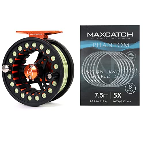 Maxcatch ECO Fly Fishing Reel with Line Pre-Loaded 5/6wt & Fly Fishing Tapered Leader Line- with Pre-Tied Loop 7.5FT 4X(6PCS)