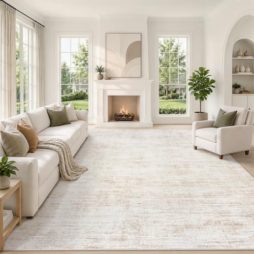 Neutral Abstract Washable Living Room Rug
