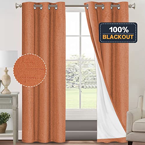 Image of PrinceDeco 100% Blackout Curtains 84 inch Length 2 Panels Set Anti-Rust Grommet Linen Textured Curtains for Bedroom Solid Full Blackout Thermal Insulated with White Liner, Orange, 42 inch W x 84 inch L