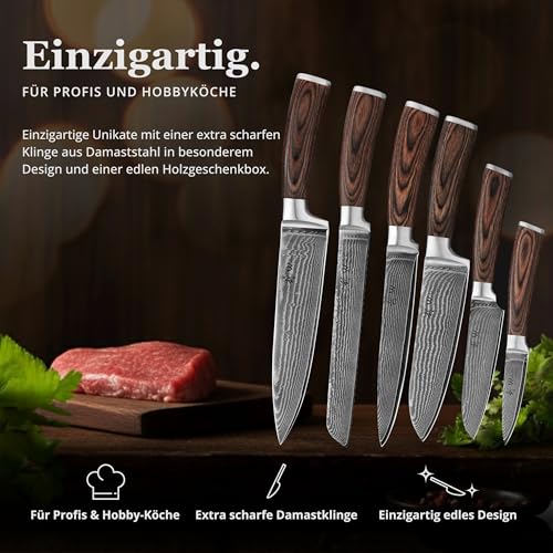 Foto von Wakoli EDIB 6er Damastmesser Set I Scharfes Küchenmesser Set aus 67 Lagen Damaststahl mit VG10 Kern & Pakkaholzgriff I Kochmesser Set in Geschenkbox I präzises Schneiden & langanhaltende Schärfe