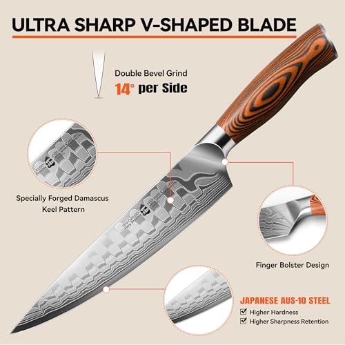 Image of TUO 8 inch Chef Knife in Japanese Steel AUS-10, 67 Layers Damascus Kitchen Knife, High Carbon Steel Blade with Dragon Pattern & Pakkawood Handle