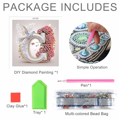 Image of AiYuanzsh 5D DIY Diamond Art Kits for Adults Letter C, Creative Red Rose & Dove Design Special Shape Diamond Painting, Luxury Alphabet Diamond Art for Home Wall Decor 17x17cm
