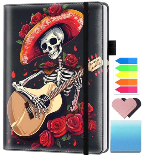 A5 レザー裏地付きジャーナルノート 200ページ ハードカバー エグゼクティブノート オフィス 学校 メモ取り用 厚手の筆記用紙 デイリージャーナル ブックマーク/インデックス付き メキシカンスカル演奏ギター