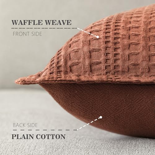 Image of Foindtower Set of 2 Decorative Cotton Waffle Weave Throw Pillow Cover Euro Shams Cushion Covers Accent European Pillowcase For Bed Couch Sofa Bedroom Living Room Home Decor 26x26 Inch Fall Rust Orange