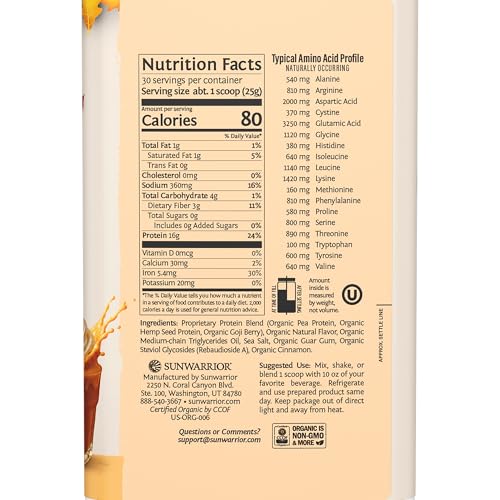 Image of Sunwarrior Vegan Protein Powder Plant-Based USDA Organic Protein BCAA Amino Acids Hemp Seed Keto Friendly Soy Dairy Gluten & Synthetic Free Non-GMO, Pumpkin Spice Flavored 30 Servings