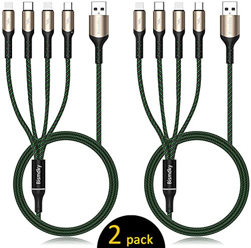 Bismdky 2Pack 4FT Multi Charger Cable,Nylon Braided Universal 4 in 1 Multiple USB Cable 3A Fast Charging Cord Adapter with Type C, Micro USB Port Connectors for Cell Phones Tablets and More