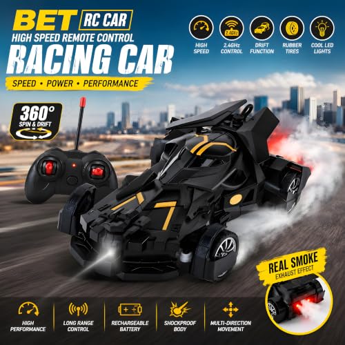 Image of Cable World Remote Control Car with Smoke Spray Effect, 10 Feet Range,LED Lights & Rechargeable Battery | 2.4GHz RC Toy Car with Mist Function, Drift & 360 Action | Kids Toy Car for Kids