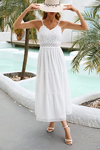 Image of Dokuritu Women's Beach Crochet Lace Maxi Dress Solid Color Summer Vacation Wedding Guest Spaghetti Strap Long Dress