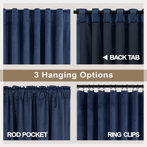 Image of Navy Blue Velvet Curtains 84 Inch Length 2 Panels for Living Room Darkening Thermal Insulated Winter Curtain for Bedroom Midnight Royal Dark Blue Drape Mid Century Modern Decor Back Tab Pocket 84 Long