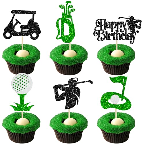 Ephlyn 24Pcs Golf Cupcake Toppers Glitter Trophy Lawn Golf Shoes Bag Ball Carts Cupcake Picks for Golf Sports Player Theme Baby Shower Birthday Party Cake Decorations Supplies