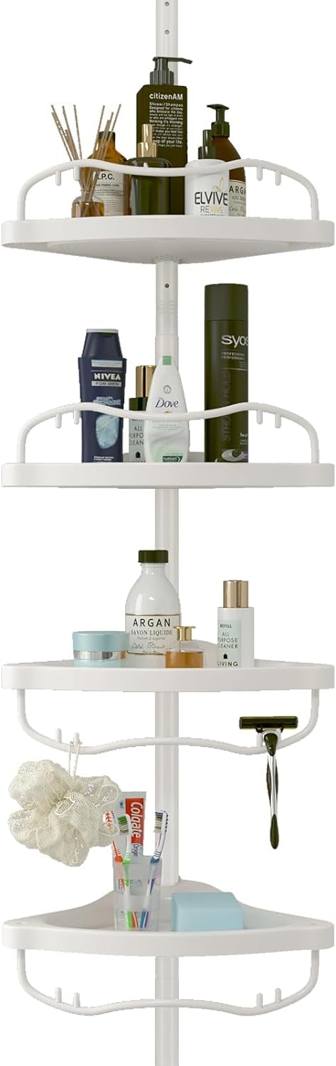 OLLIDOT Shower Organizer Caddy, 99-317 cm Home Decor Organization and Storage Bathroom Corner Plastic Shelves Rack Countertop Adjustable with Tension Metal Poles, White